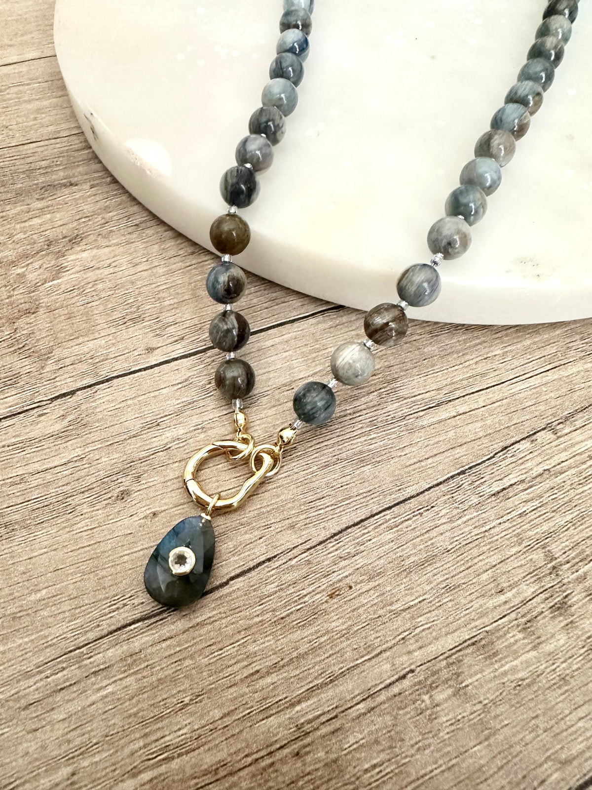 Blue Brown Apatite Beaded Necklace Labradorite Pendant -Gift-Wedding-Bridesmaid