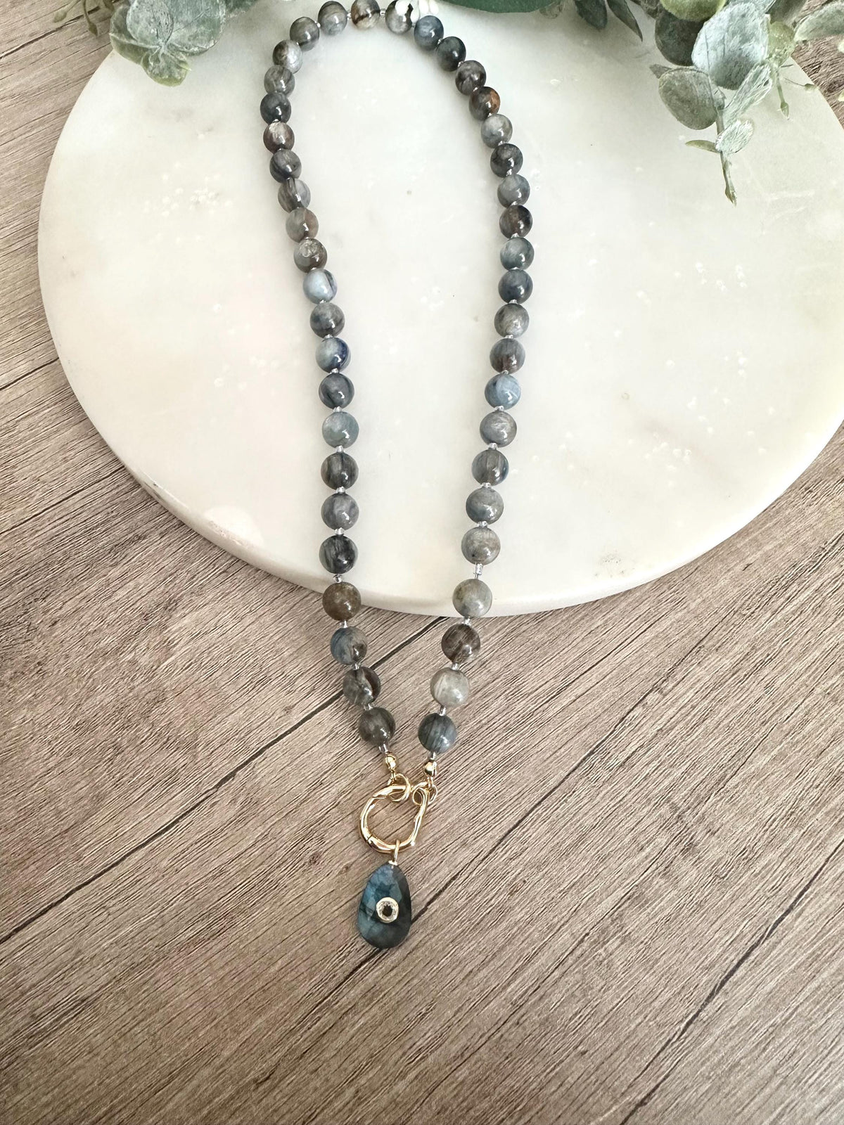 Blue Brown Apatite Beaded Necklace Labradorite Pendant -Gift-Wedding-Bridesmaid