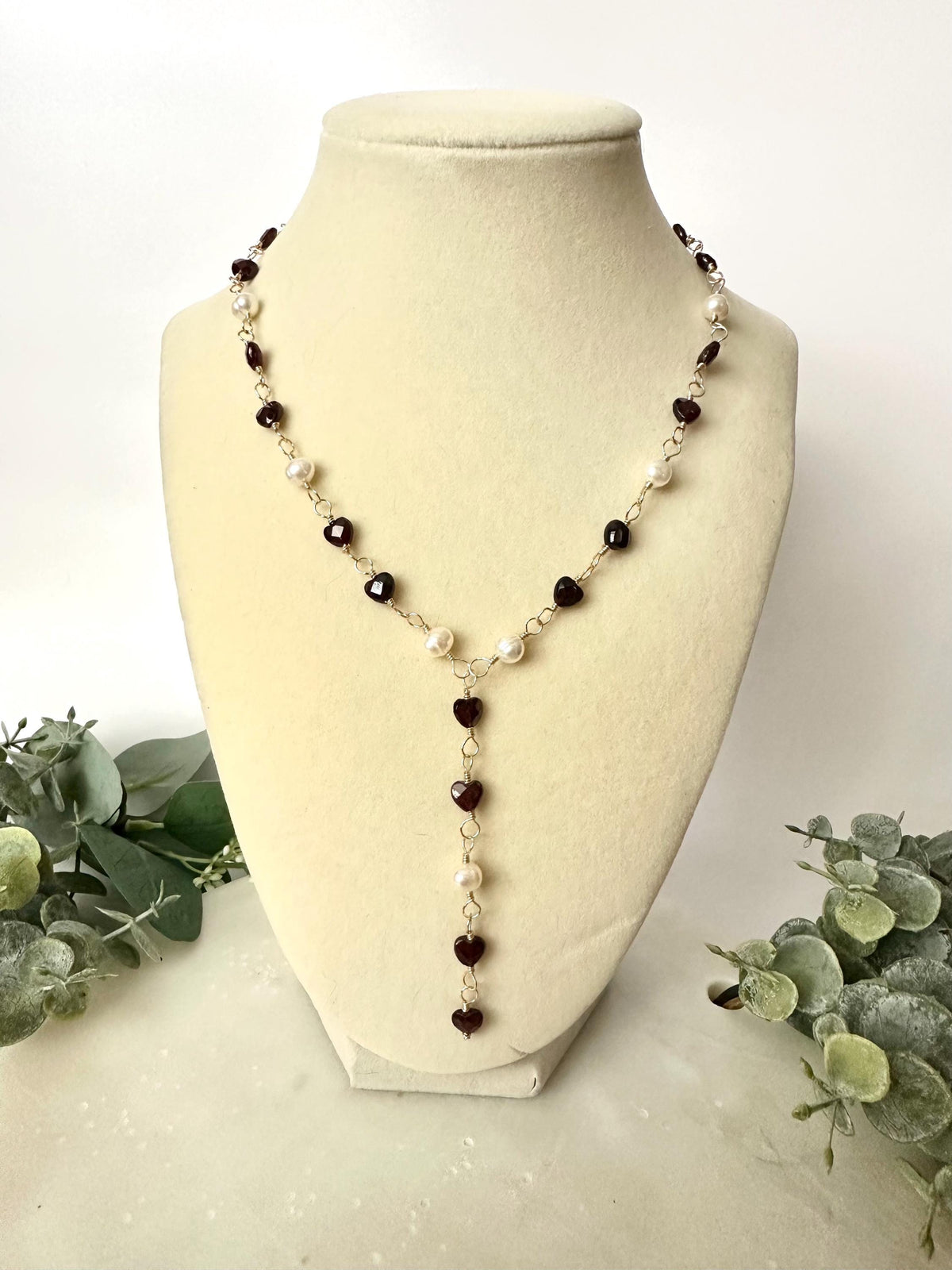 Garnet Hearts and Freshwater Pearls Necklace-Gifts for Her-Y Necklace