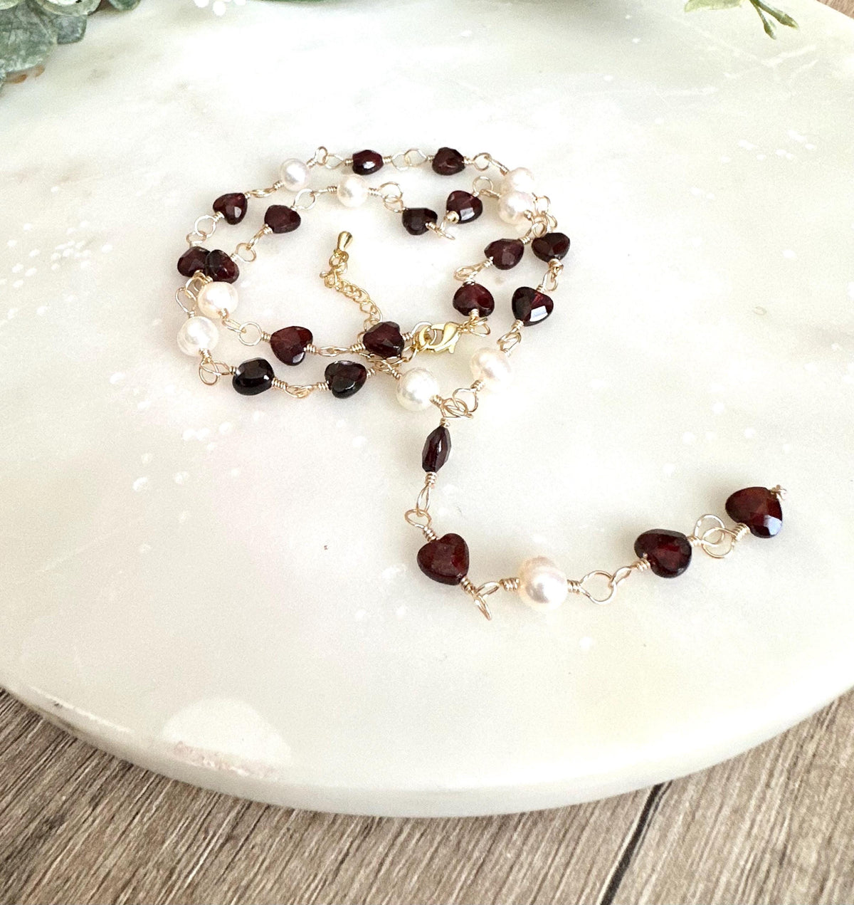 Garnet Hearts and Freshwater Pearls Necklace-Gifts for Her-Y Necklace