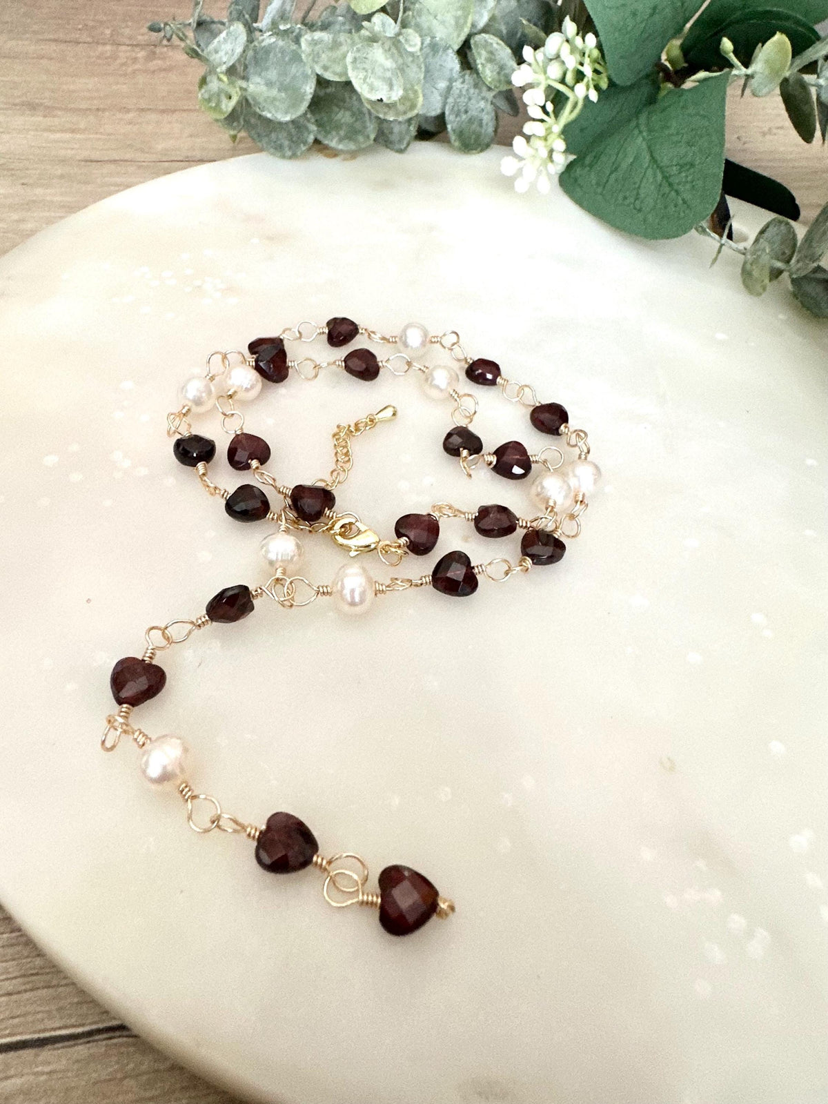 Garnet Hearts and Freshwater Pearls Necklace-Gifts for Her-Y Necklace