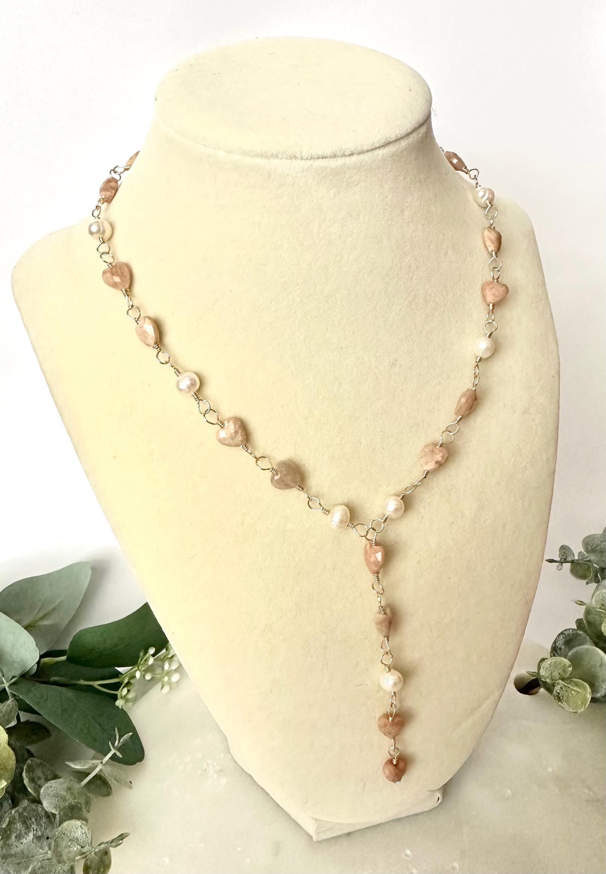 Peach Moonstone Hearts and Freshwater Pearls Necklace-Gifts for Her - Y Necklace