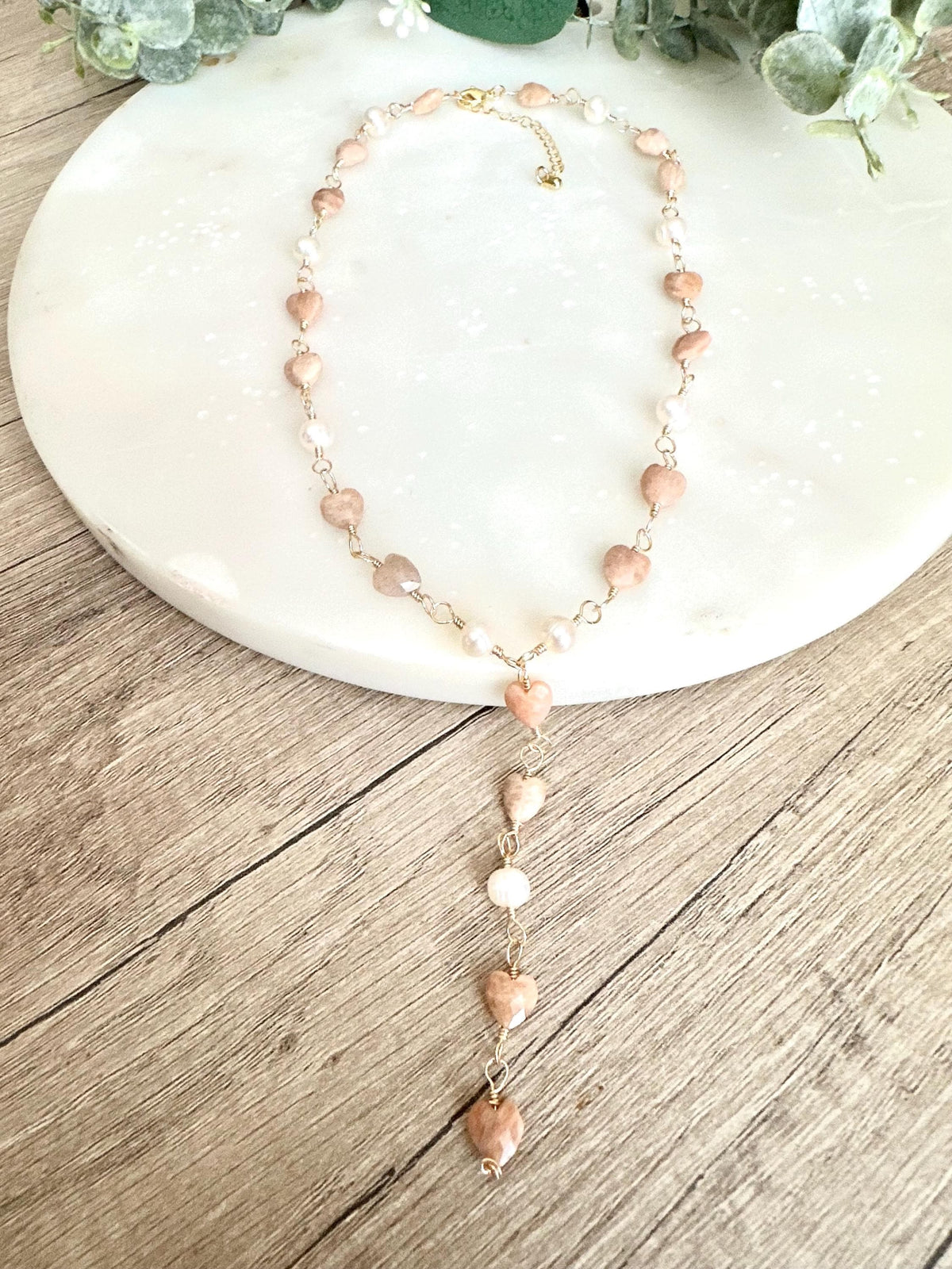 Peach Moonstone Hearts and Freshwater Pearls Necklace-Gifts for Her - Y Necklace