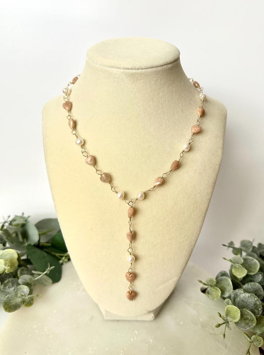 Peach Moonstone Hearts and Freshwater Pearls Necklace-Gifts for Her - Y Necklace