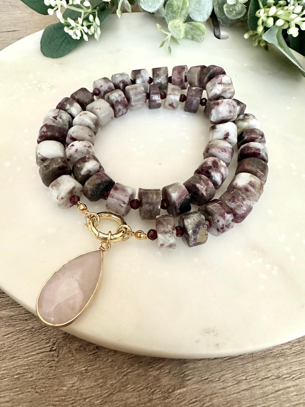Cherry Tourmaline Beaded Necklace Stone Pendant Chunky Necklaces -Gift-Wedding-Bridesmaid