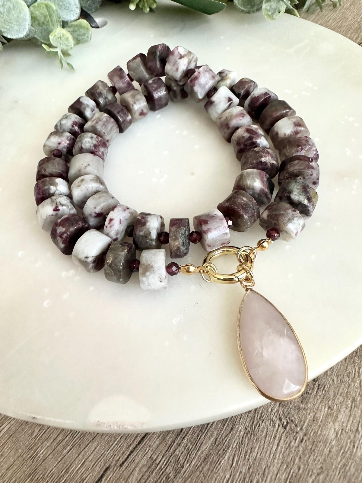 Cherry Tourmaline Beaded Necklace Stone Pendant Chunky Necklaces -Gift-Wedding-Bridesmaid