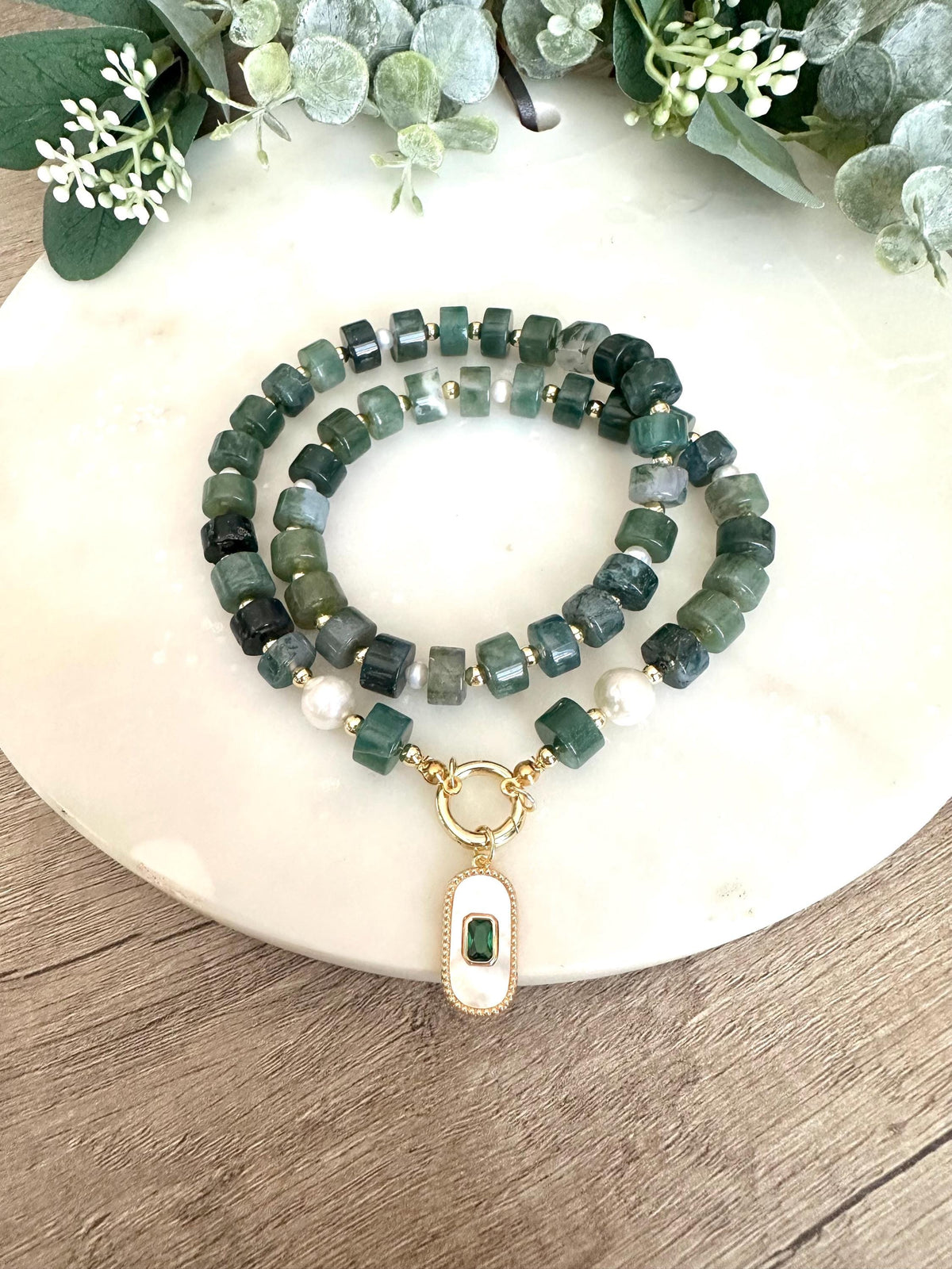 Green Moss Beaded Necklace Stone Pendant Chunky Necklaces -Gift-Wedding-Bridesmaid
