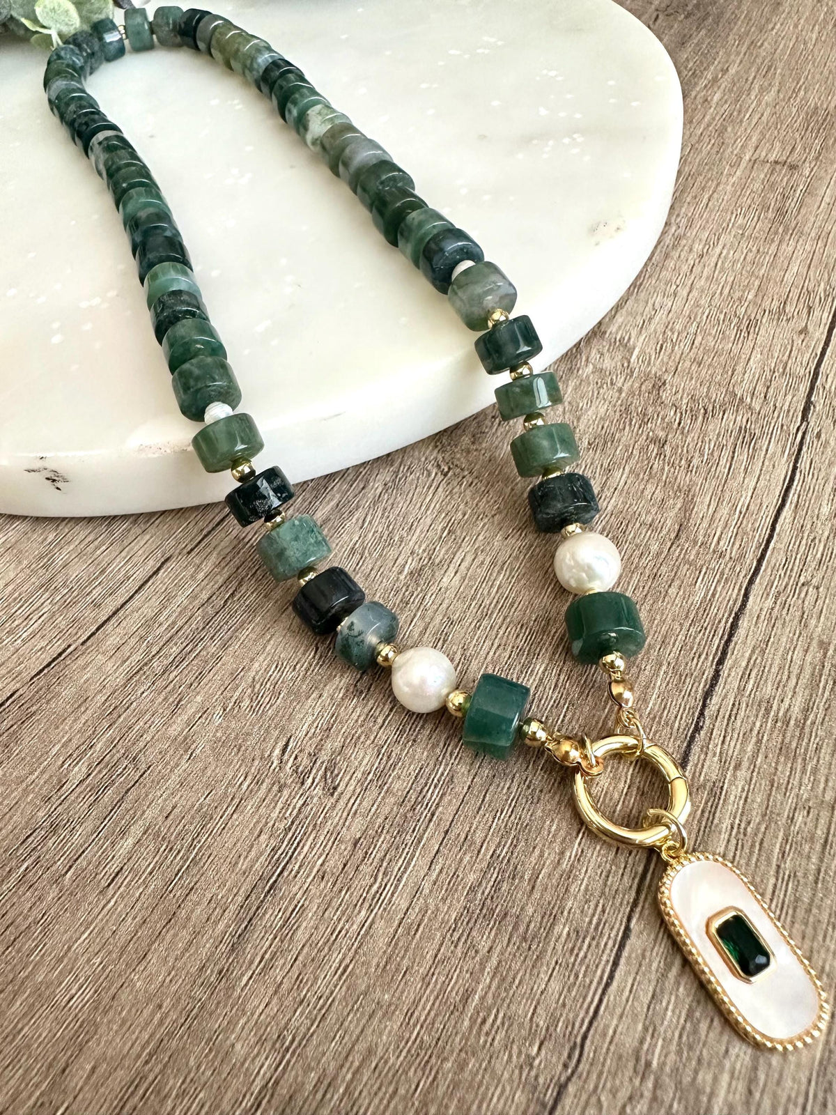 Green Moss Beaded Necklace Stone Pendant Chunky Necklaces -Gift-Wedding-Bridesmaid