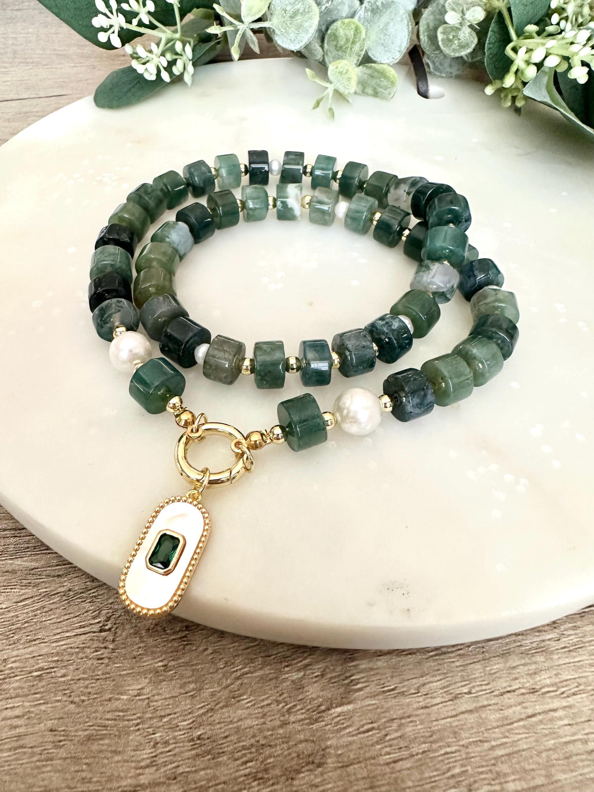 Green Moss Beaded Necklace Stone Pendant Chunky Necklaces -Gift-Wedding-Bridesmaid