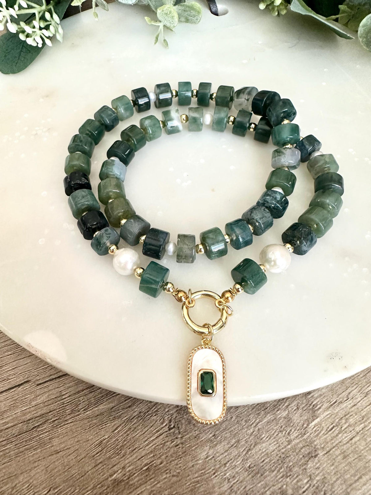 Green Moss Beaded Necklace Stone Pendant Chunky Necklaces -Gift-Wedding-Bridesmaid