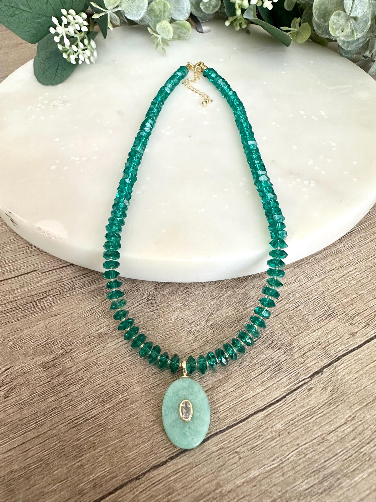 Green Quartz  Beaded Necklace with a Amazonite Pendant Necklaces -Gift-Wedding-Bridesmaid