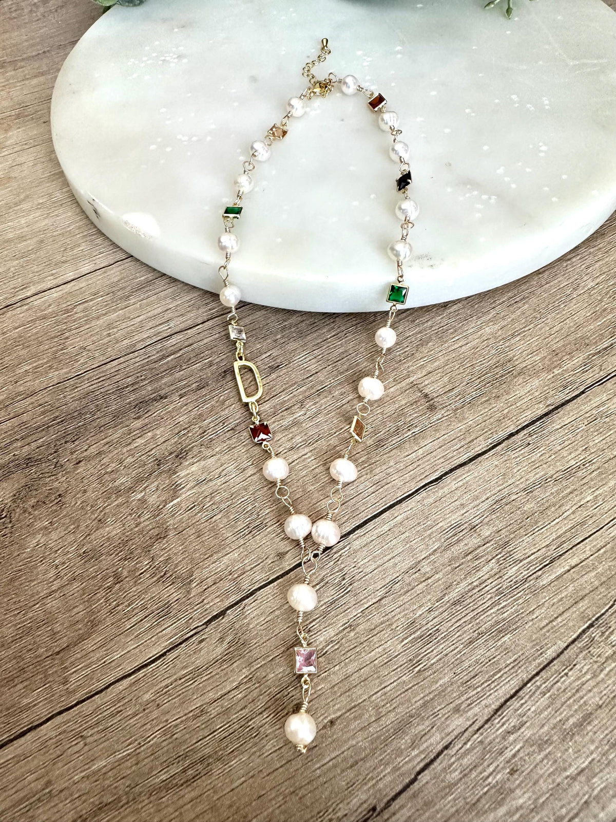 Gold Initial Freshwater Pearl and Crystal Necklace-Gifts for Her- Y Necklace - Personalized Necklace
