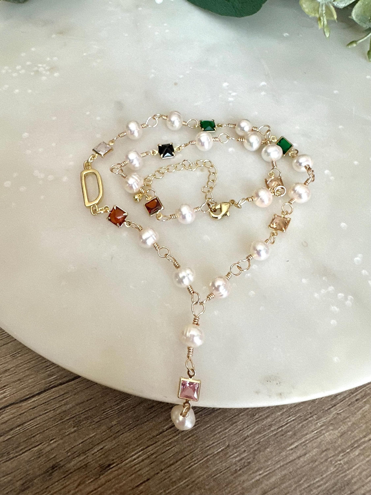 Gold Initial Freshwater Pearl and Crystal Necklace-Gifts for Her- Y Necklace - Personalized Necklace