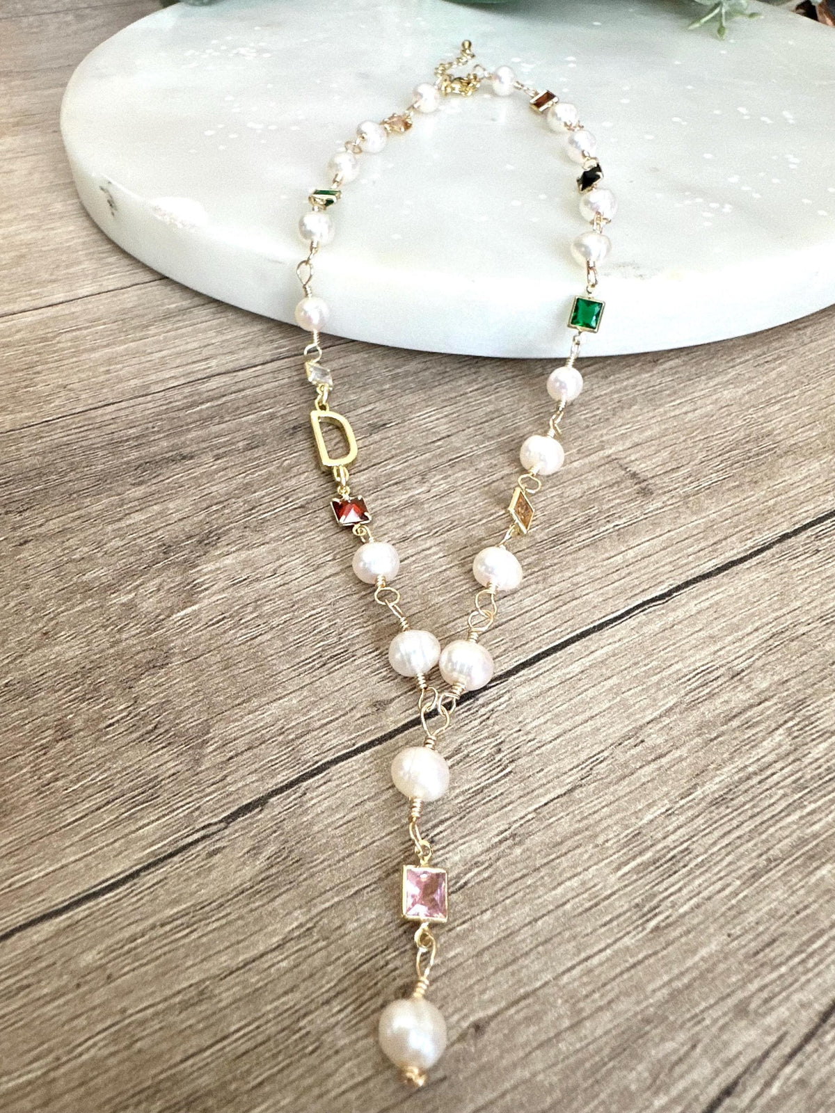 Gold Initial Freshwater Pearl and Crystal Necklace-Gifts for Her- Y Necklace - Personalized Necklace
