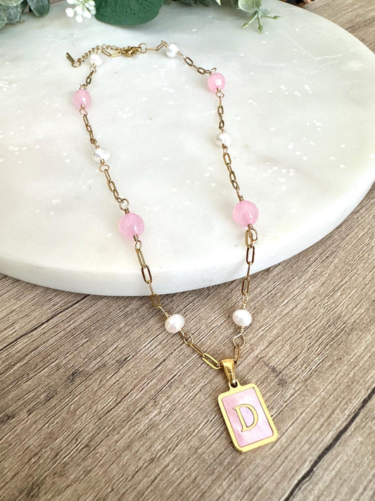 Pink Jade & Pearl Initial Necklace – Personalized Pink Shell Pendant