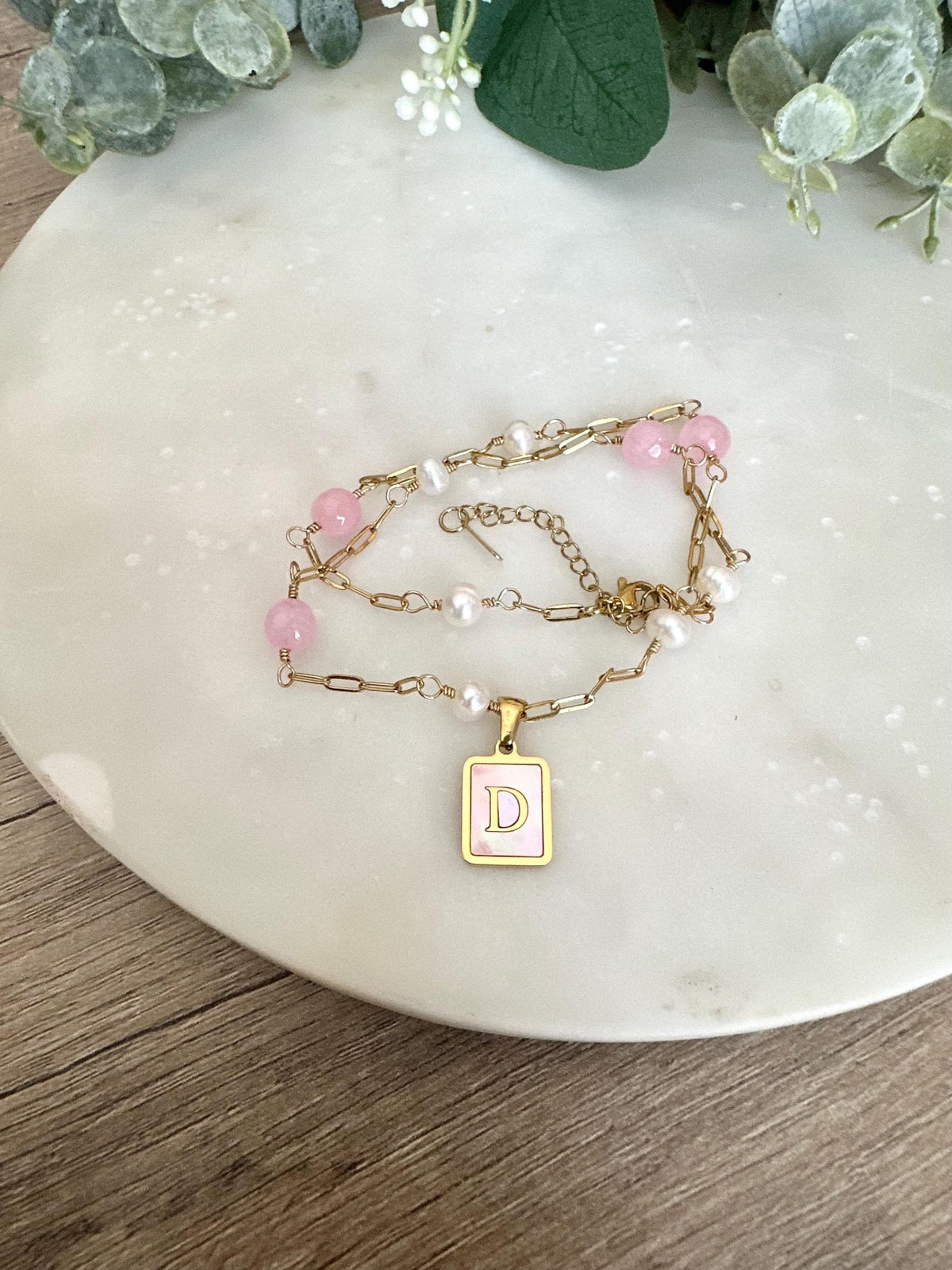 Pink Jade & Pearl Initial Necklace – Personalized Pink Shell Pendant