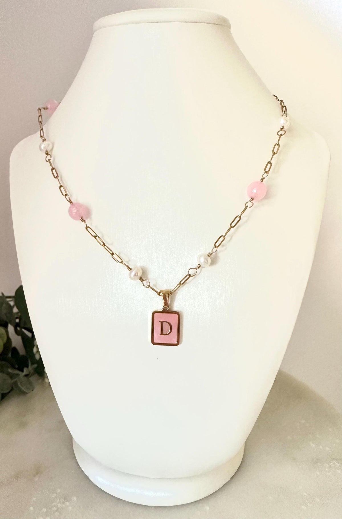 Pink Jade & Pearl Initial Necklace – Personalized Pink Shell Pendant