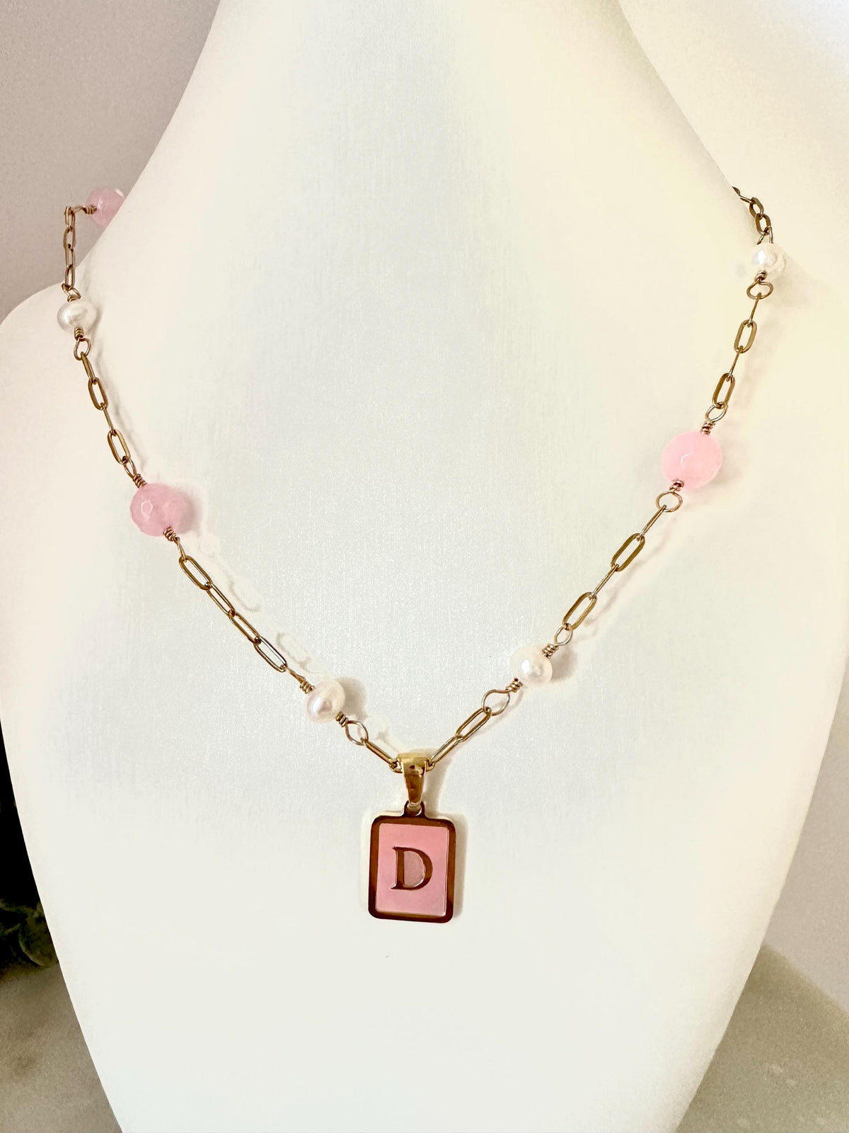 Pink Jade & Pearl Initial Necklace – Personalized Pink Shell Pendant