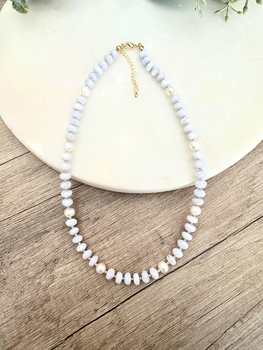 Blue Lace Chalcedony and Freshwater Pearls Beaded Necklace -Gift-Wedding-Bridesmaids