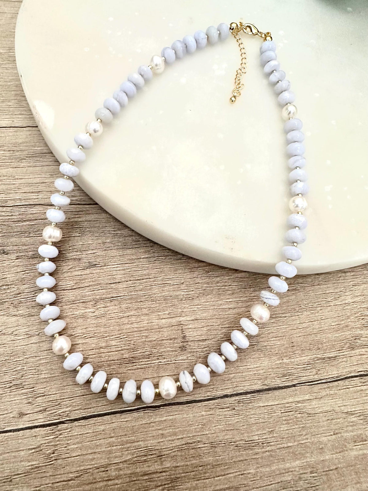 Blue Lace Chalcedony and Freshwater Pearls Beaded Necklace -Gift-Wedding-Bridesmaids