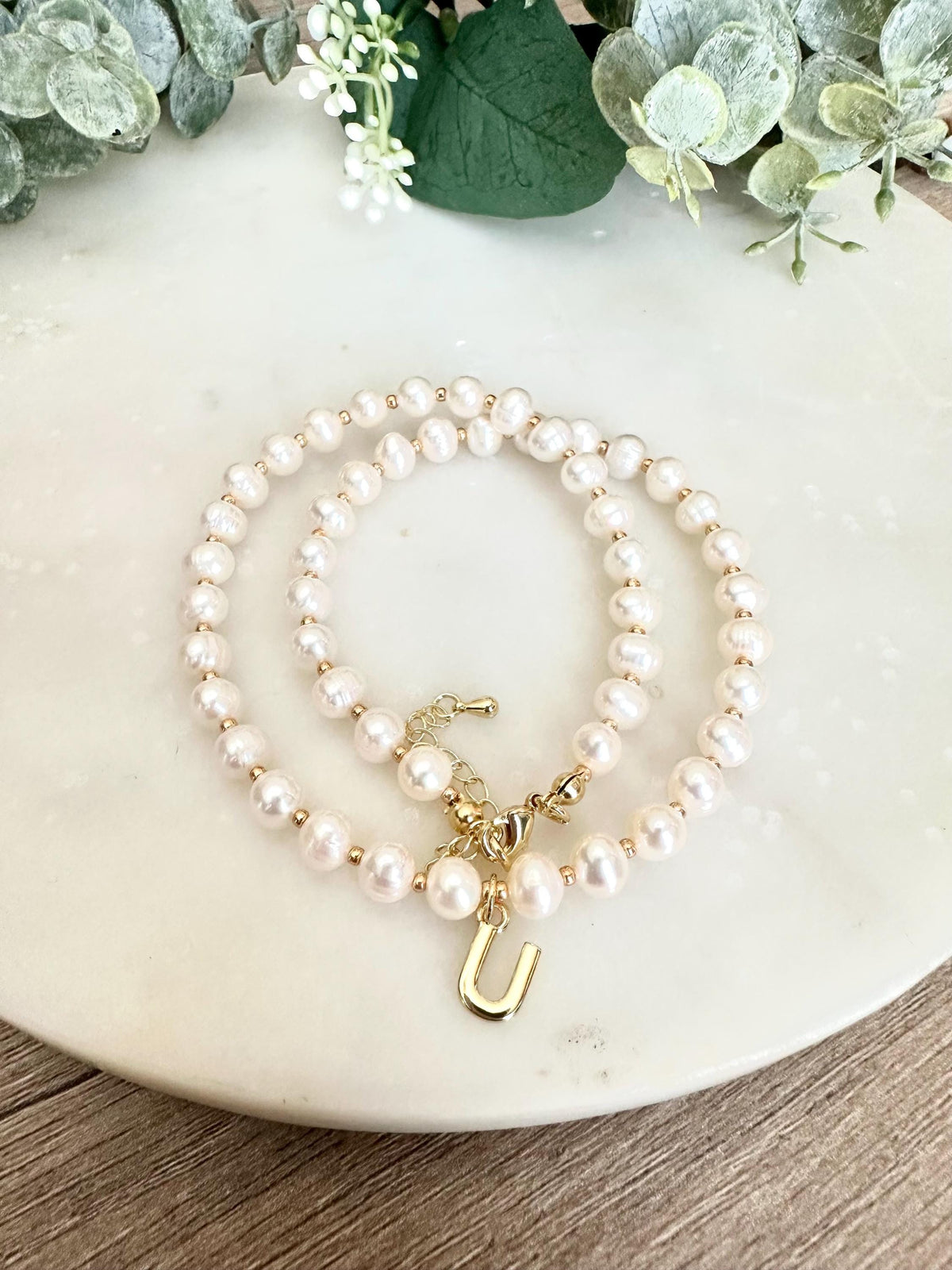 Freshwater Pearl Initial Necklace – Personalized Gold Letter Pendant