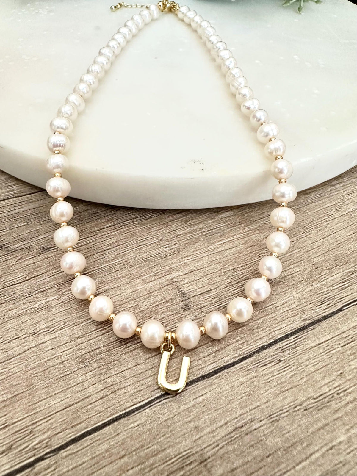 Freshwater Pearl Initial Necklace – Personalized Gold Letter Pendant