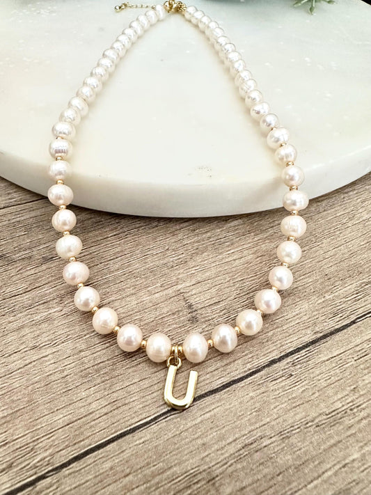 Freshwater Pearl Initial Necklace – Personalized Gold Letter Pendant