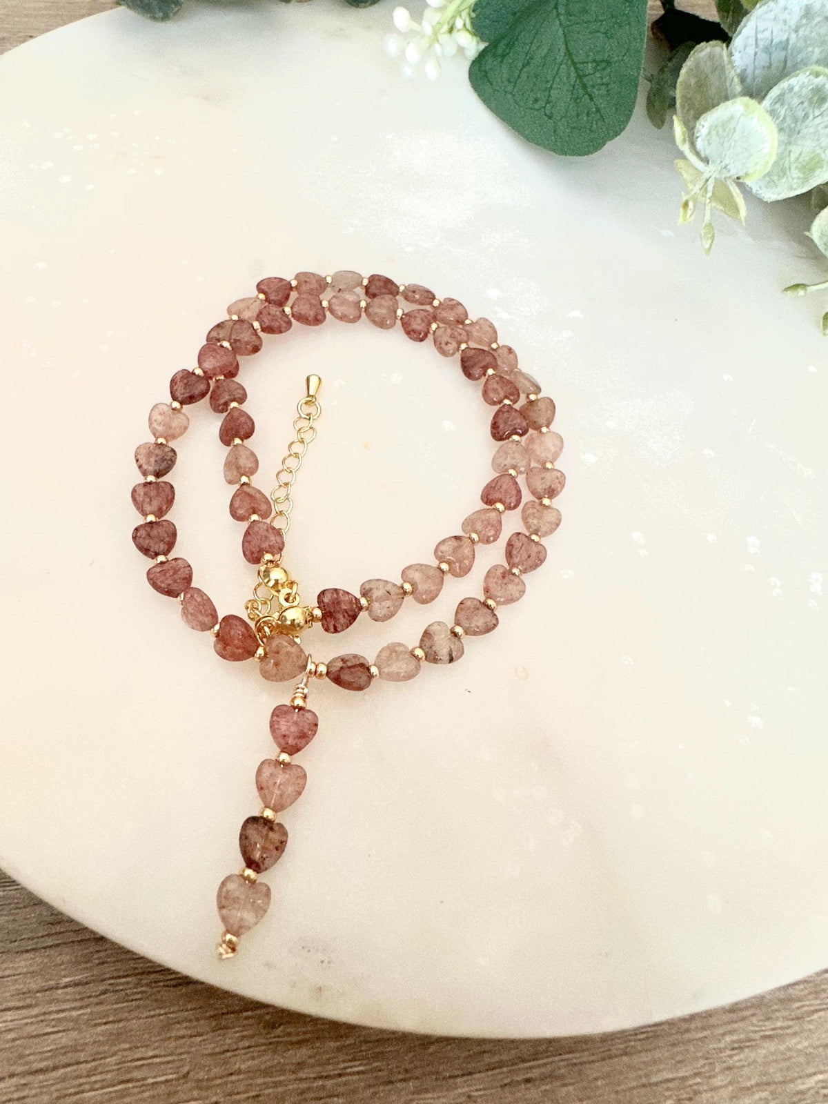 Strawberry Quartz Hearts Necklace-Gifts for Her - Y Necklace