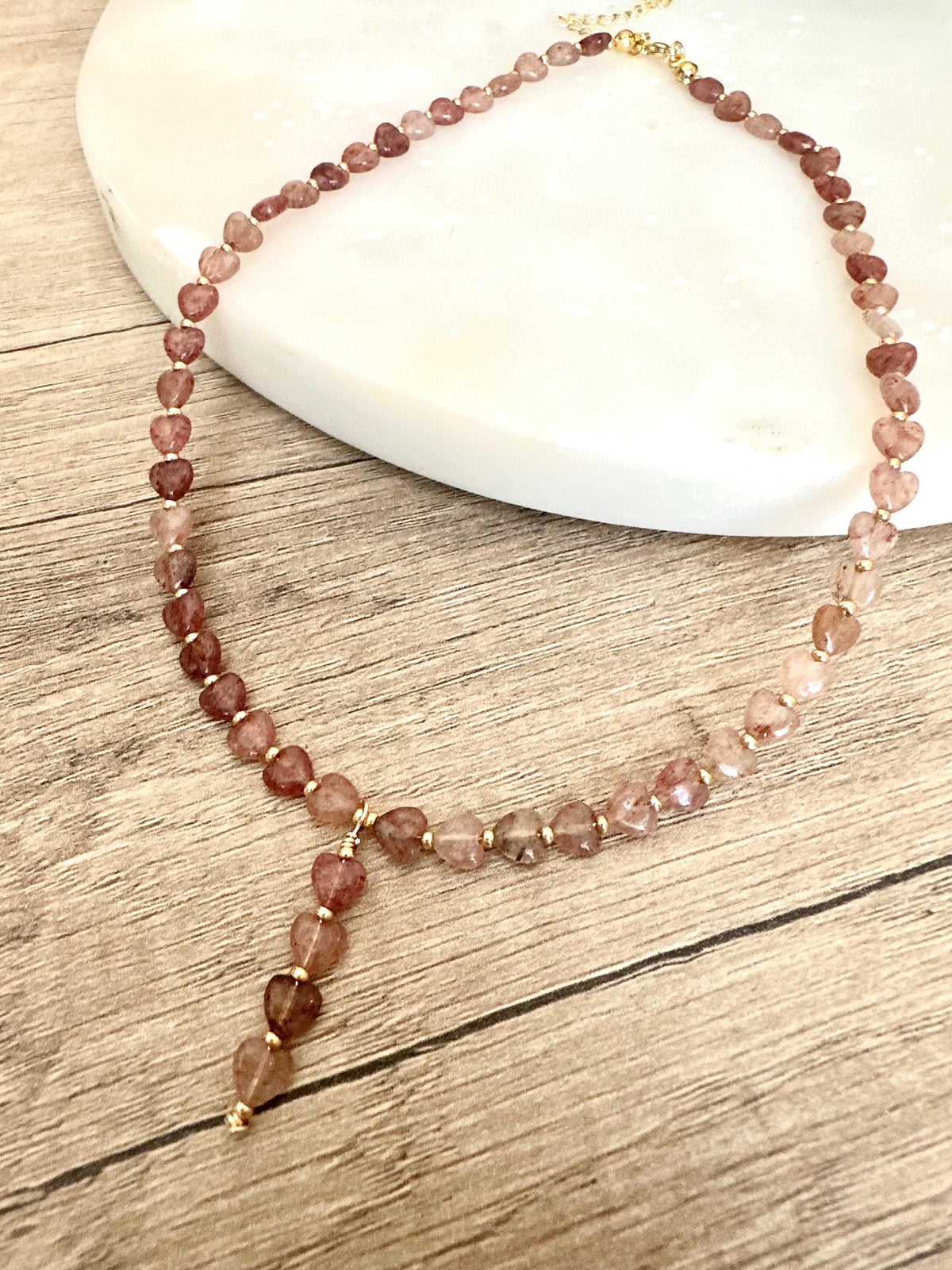 Strawberry Quartz Hearts Necklace-Gifts for Her - Y Necklace