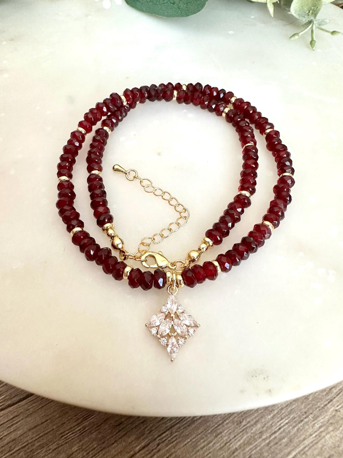 Garnet and Beaded Necklace with Cz Filigree Drop Pendant -Gift-Wedding-Bridesmaid