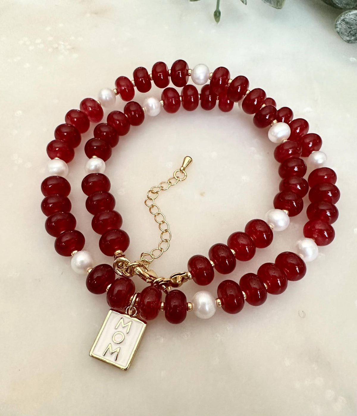 Ruby Red Jade and Freshwater Peals Beaded Necklace with Mom Pendant -Gift-Wedding-Bridesmaid