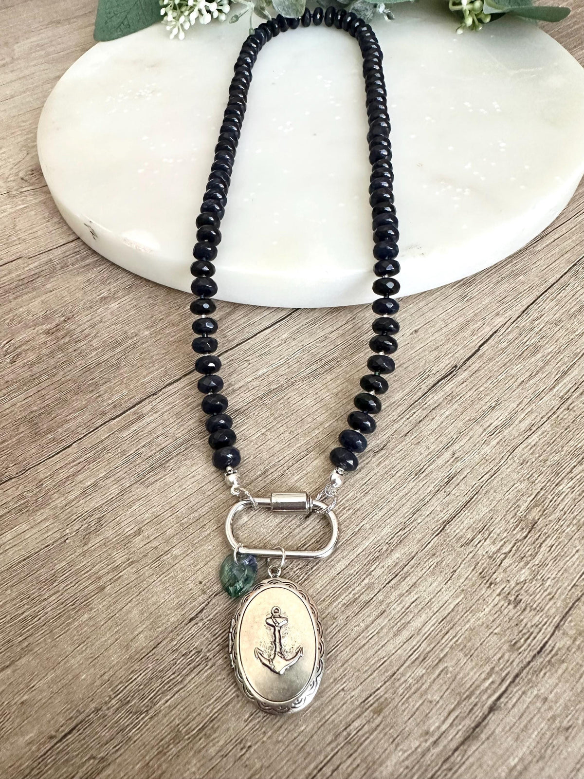 Navy Blue Jade Beaded Necklace Anchor Locket Pendant and a Crystal Heart- Gift for her-You are my Anchor Necklace