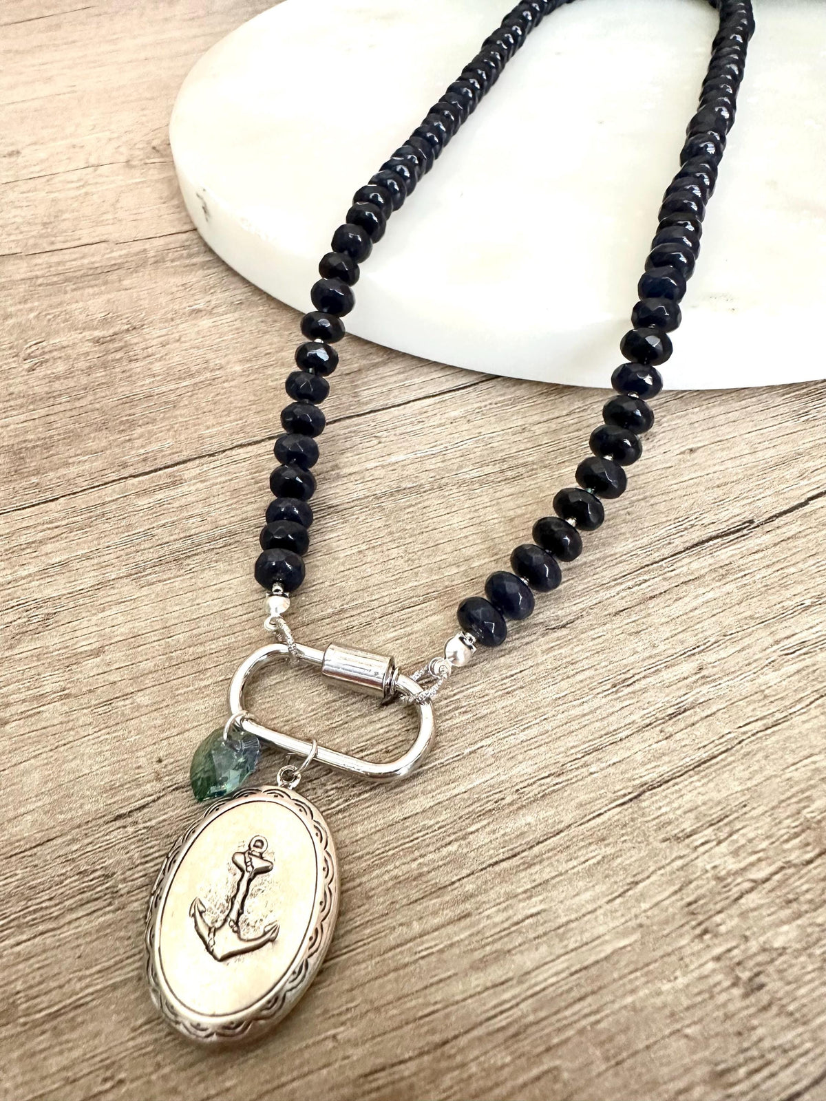 Navy Blue Jade Beaded Necklace Anchor Locket Pendant and a Crystal Heart- Gift for her-You are my Anchor Necklace