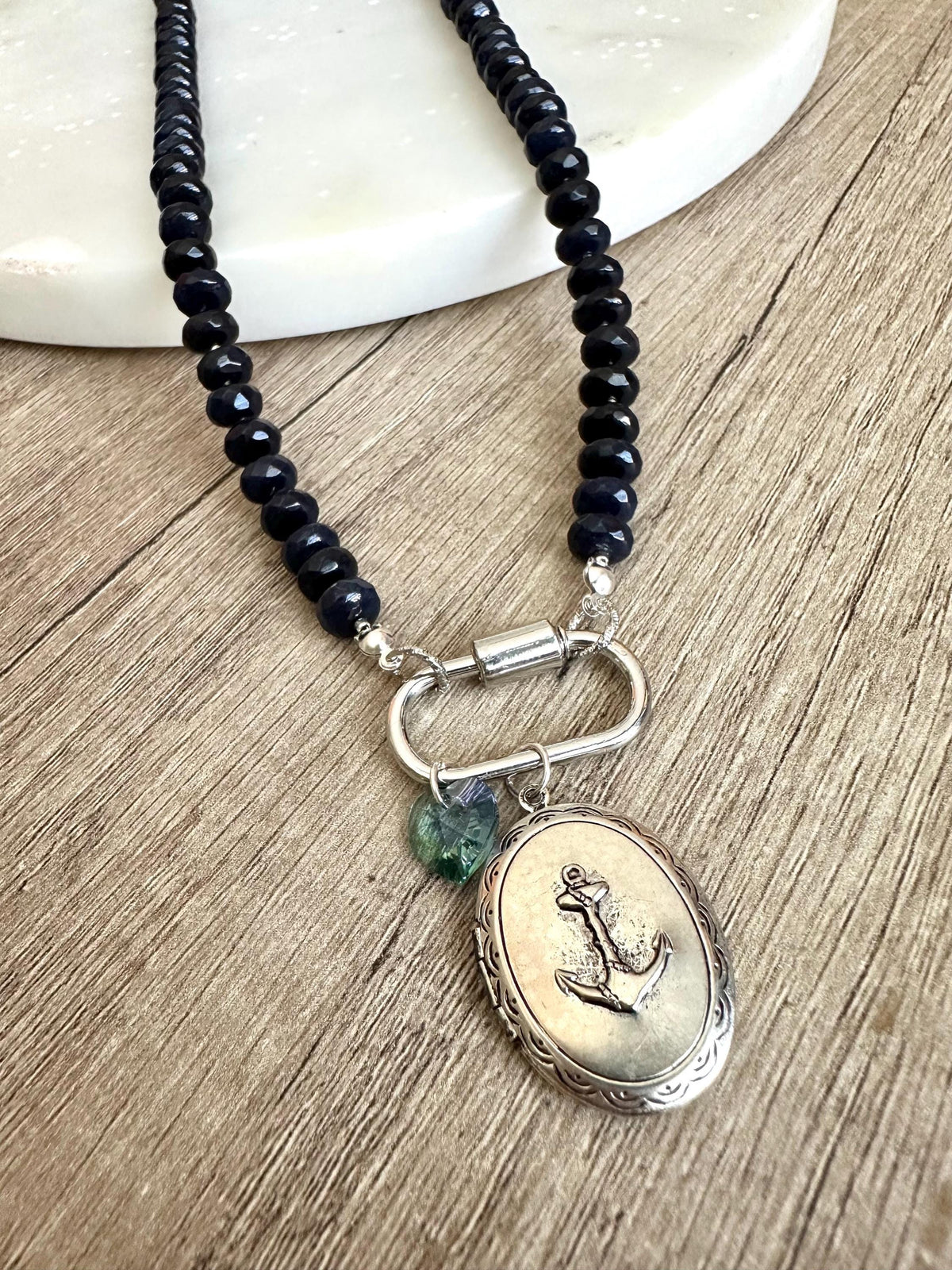 Navy Blue Jade Beaded Necklace Anchor Locket Pendant and a Crystal Heart- Gift for her-You are my Anchor Necklace