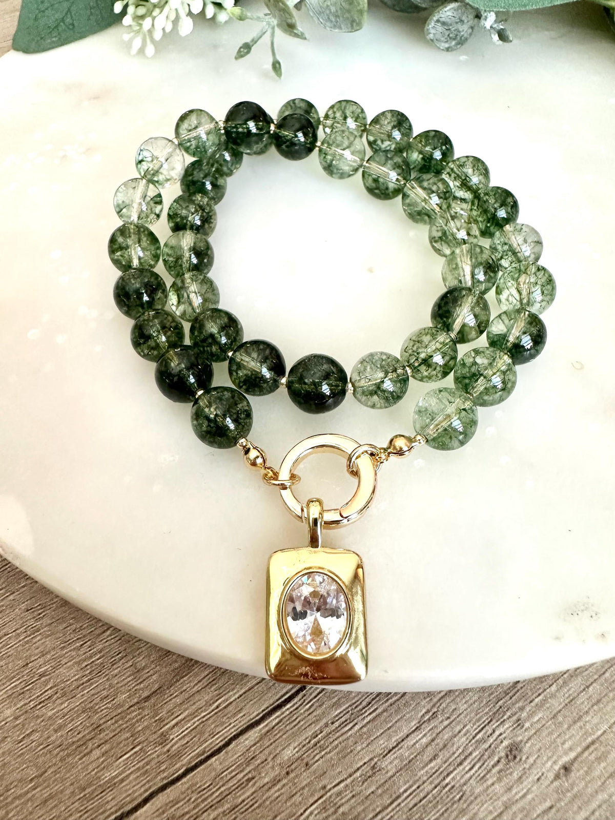 Green Moss Crystal Quartz Beaded Necklace with CZ Pendant- Chunky Necklace