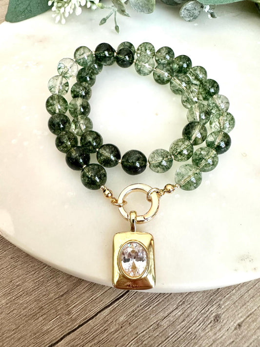 Green Moss Crystal Quartz Beaded Necklace with CZ Pendant- Chunky Necklace