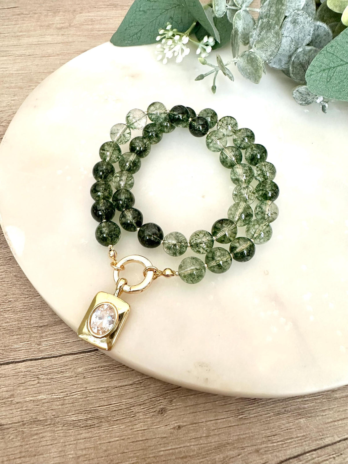 Green Moss Crystal Quartz Beaded Necklace with CZ Pendant- Chunky Necklace