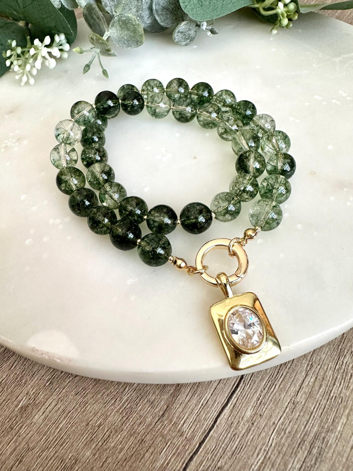 Green Moss Crystal Quartz Beaded Necklace with CZ Pendant- Chunky Necklace