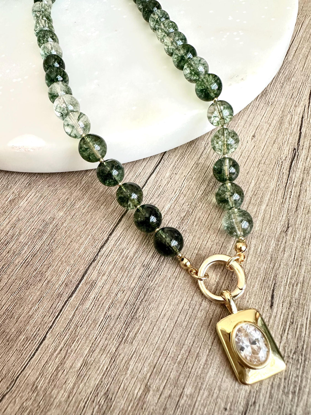 Green Moss Crystal Quartz Beaded Necklace with CZ Pendant- Chunky Necklace