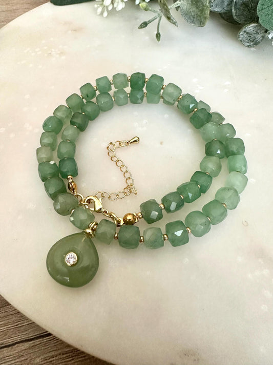 Green Aventurine and  Beaded Necklace with Pendant -Gift-Wedding-Bridesmaid