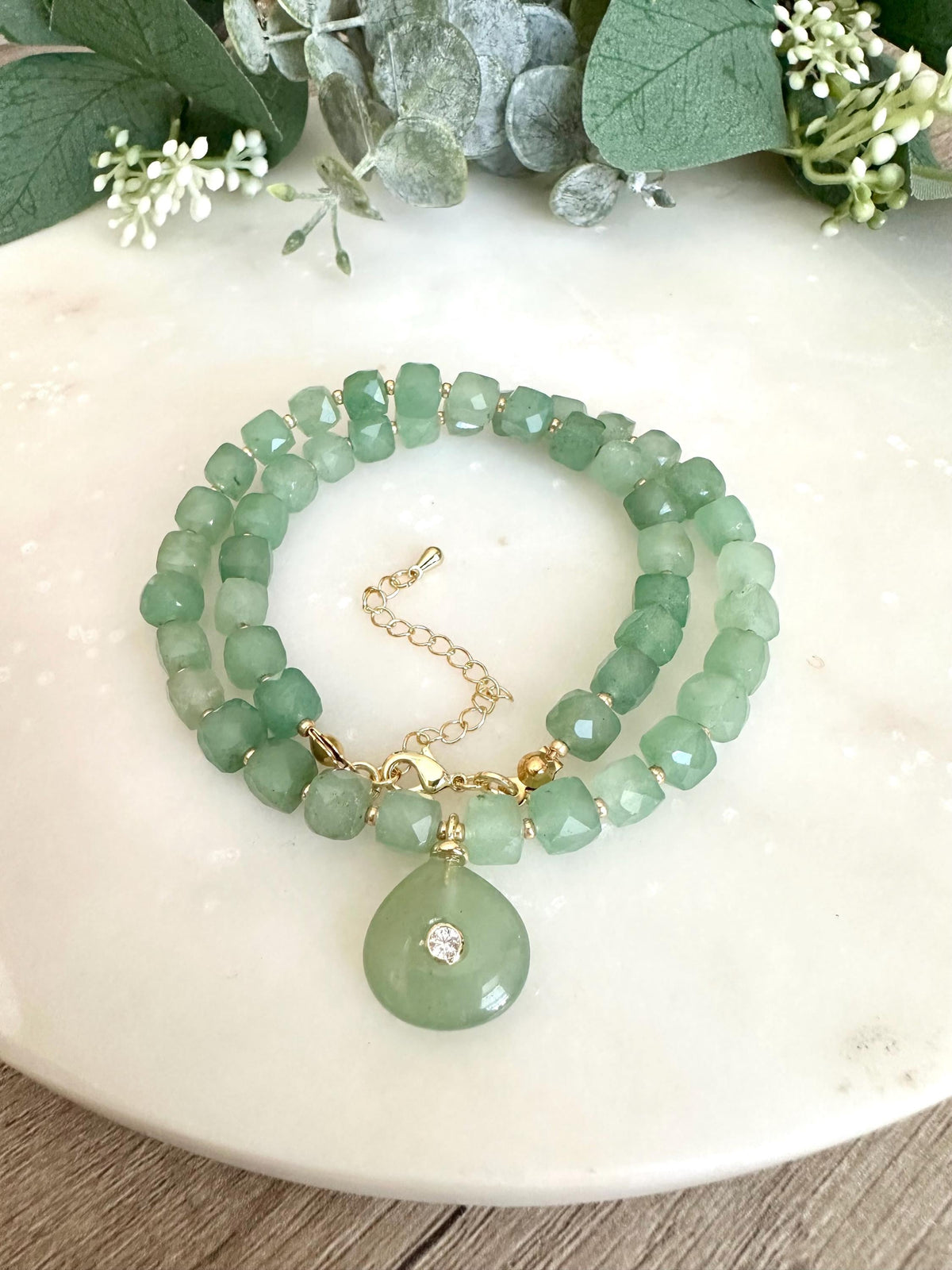 Green Aventurine and  Beaded Necklace with Pendant -Gift-Wedding-Bridesmaid