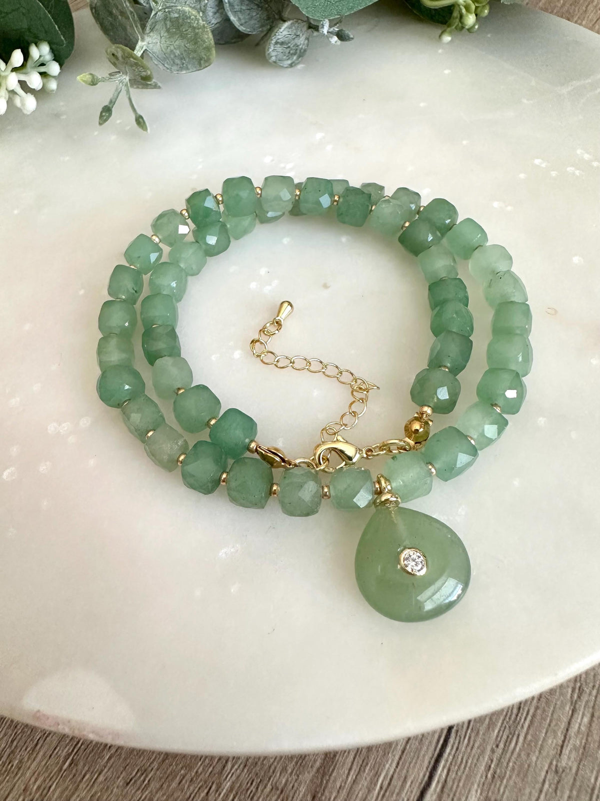 Green Aventurine and  Beaded Necklace with Pendant -Gift-Wedding-Bridesmaid