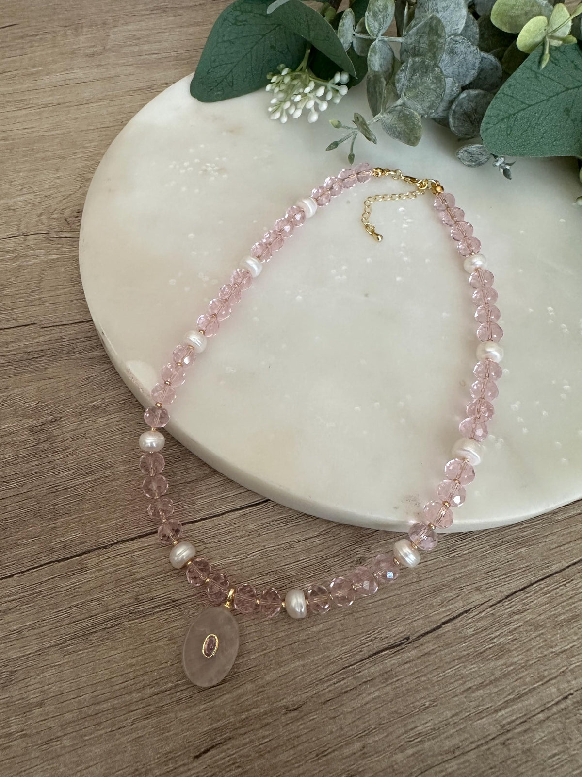 Pink Quartz Beaded Necklace • Rose Quartz Pendant • Gold Filled Jewelry • Dainty Gemstone Necklace • Handmade Gift for Her • Elegant Beaded