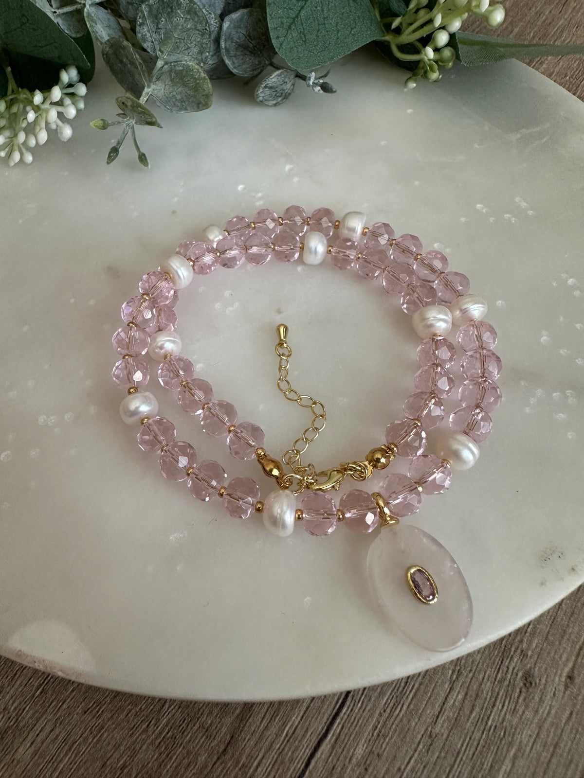 Pink Quartz Beaded Necklace • Rose Quartz Pendant • Gold Filled Jewelry • Dainty Gemstone Necklace • Handmade Gift for Her • Elegant Beaded