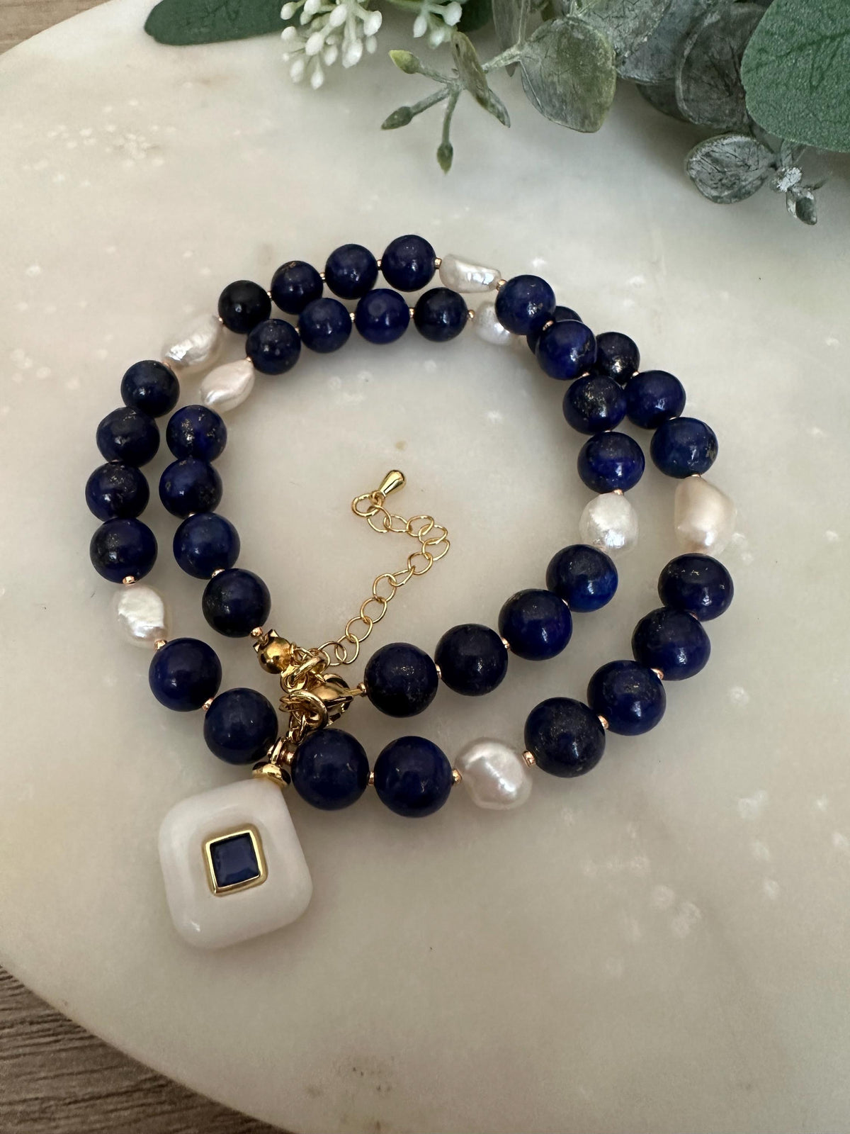 Lapis Lazuli Beaded Necklace • White Quartz Pendant with Blue Crystal • Gold Filled Jewelry • Natural Gemstone Necklace • Handmade Gift for