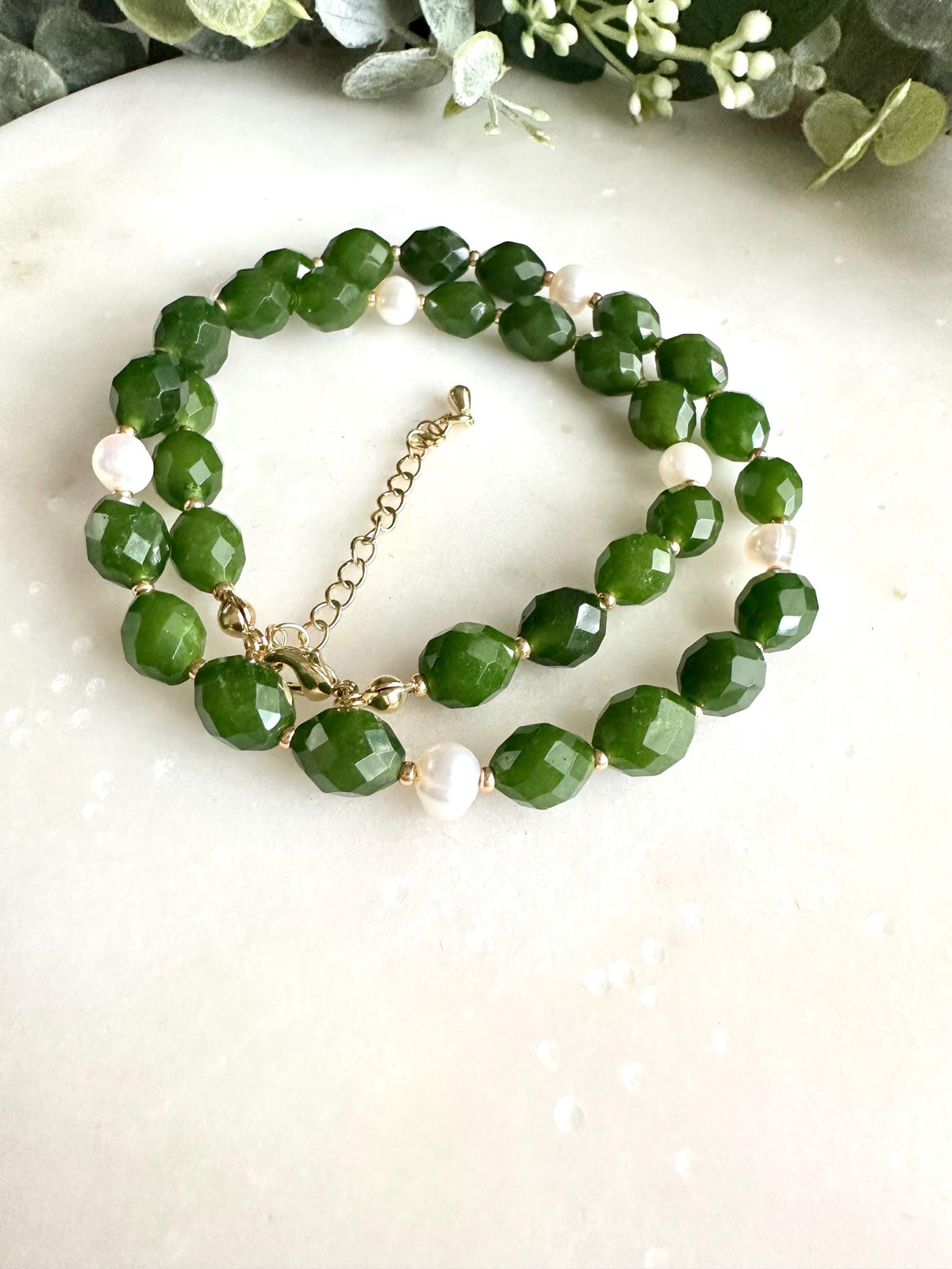 Emerald Green Jade and Freshwater Pearls Beaded Necklace -Gift-Wedding-Bridesmaids