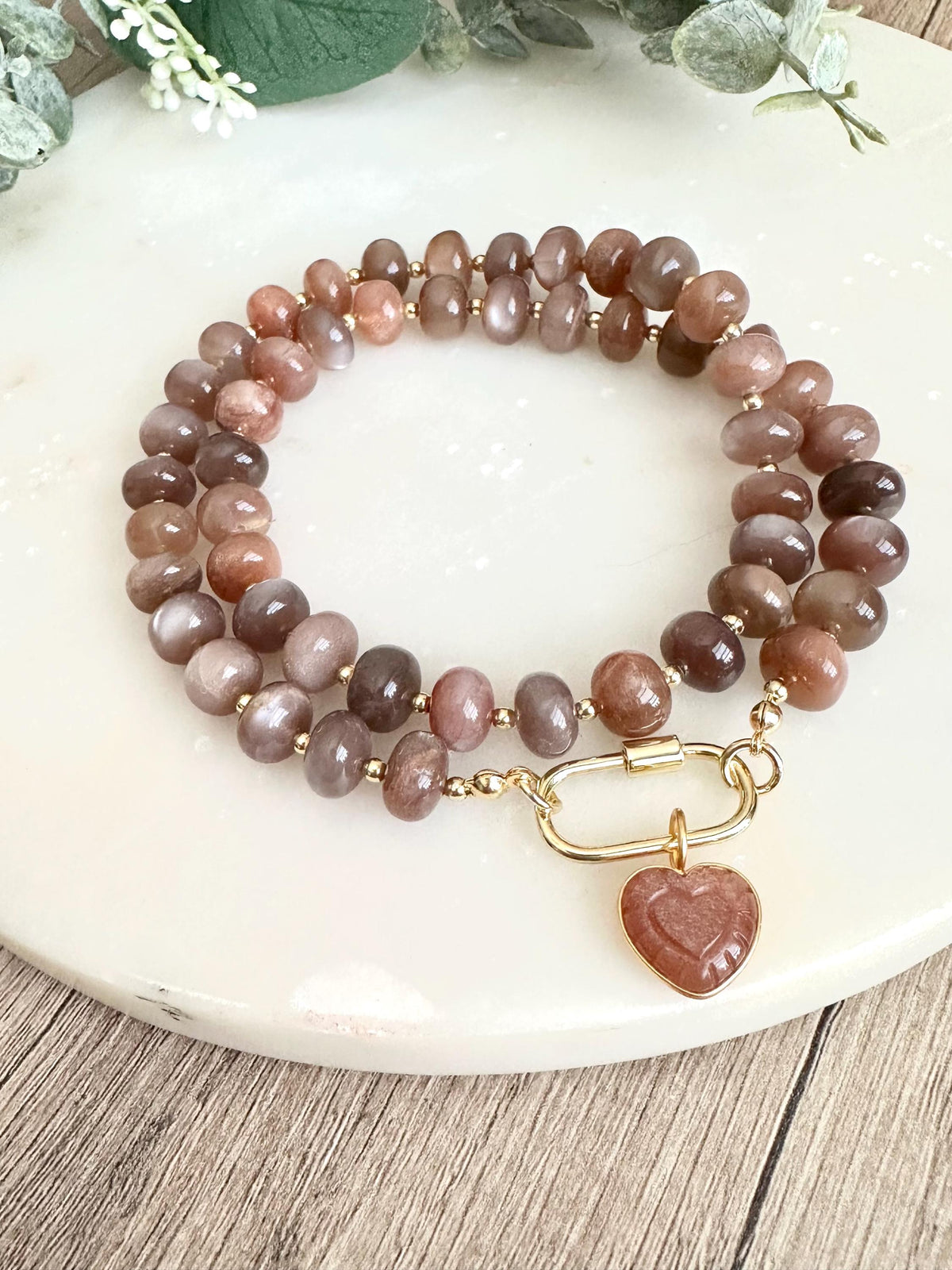Chocolate Moonstone Beaded Necklace Heart Pendant Chunky Necklaces -Gift-Wedding-Bridesmaid