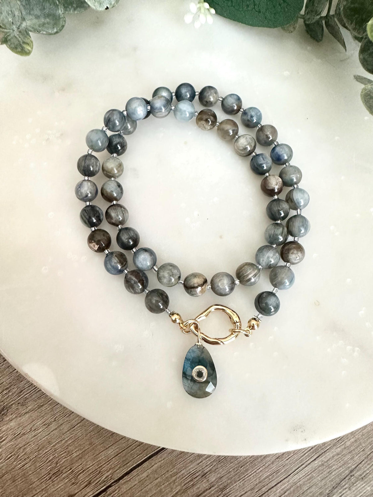 Blue Brown Apatite Beaded Necklace Labradorite Pendant -Gift-Wedding-Bridesmaid