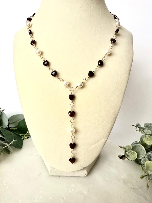 Garnet Hearts and Freshwater Pearls Necklace-Gifts for Her-Y Necklace