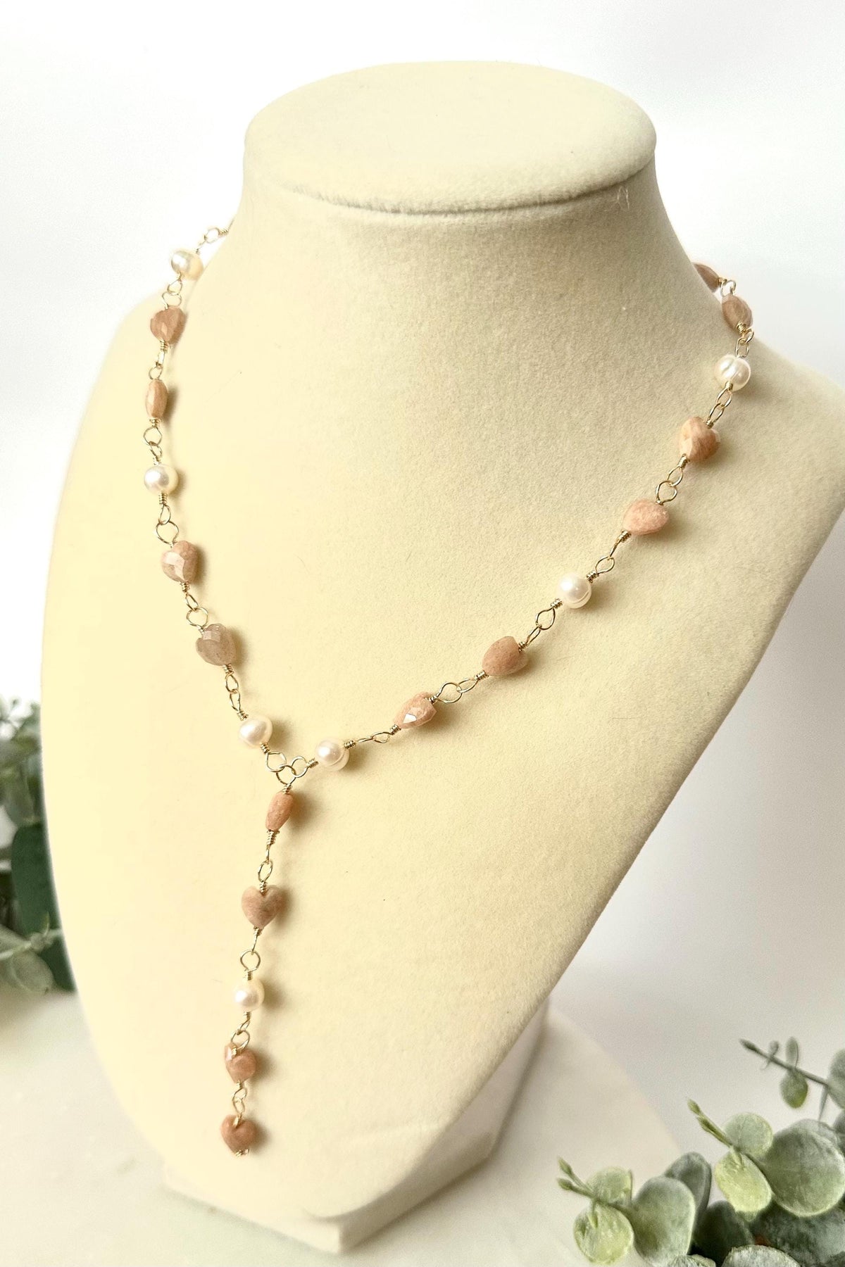 Peach Moonstone Hearts and Freshwater Pearls Necklace-Gifts for Her - Y Necklace